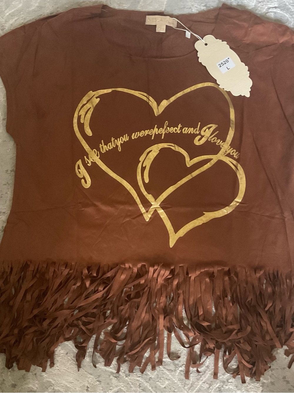 Fringe Hem Heart Graphic Blouse in Brown with Gold Print